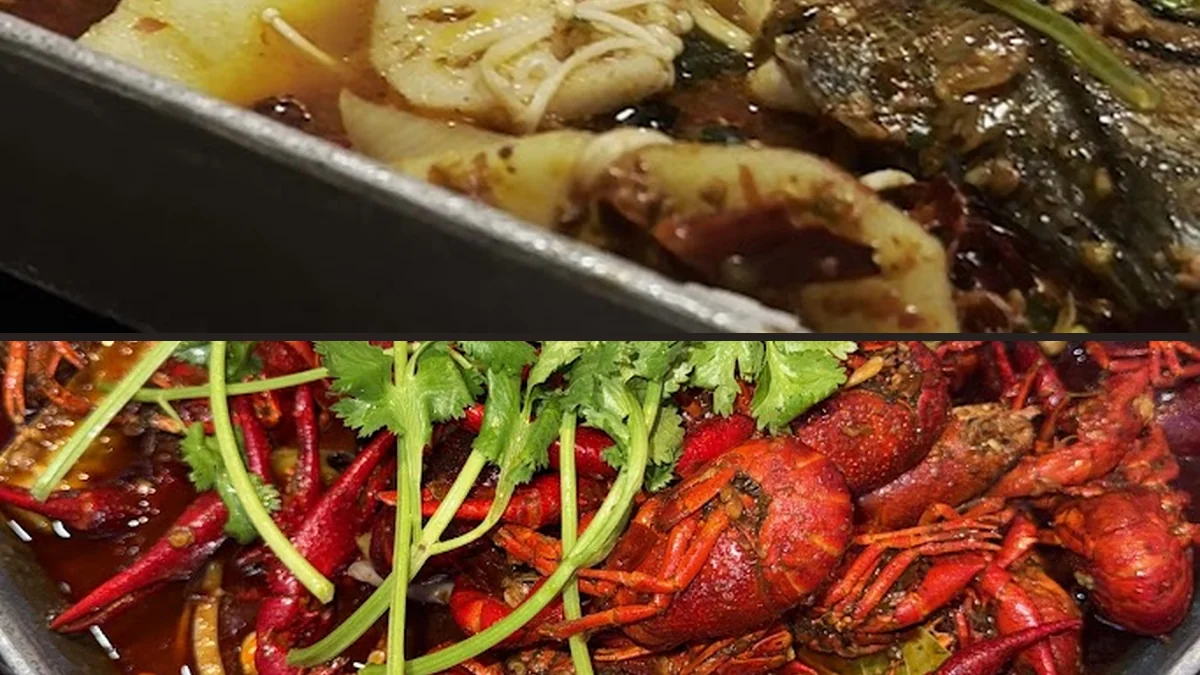 Spicy Sichuan dishes on a restaurant table.