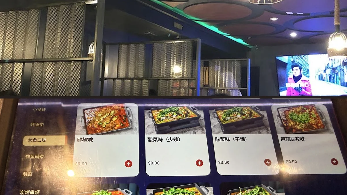 Colorful plates of fish, skewers, and noodles.